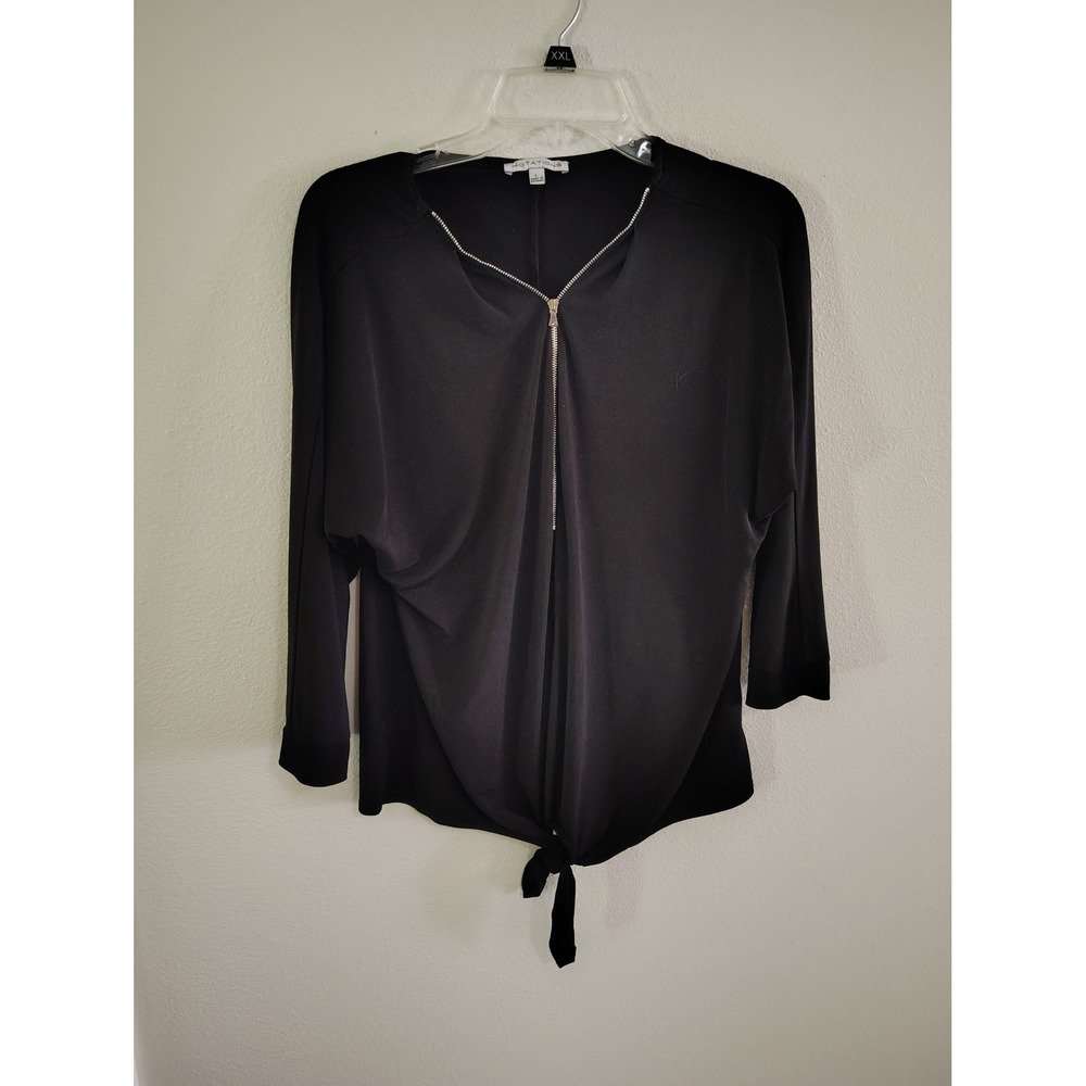 Notations Womens Black Zipper V-Neck Tie Front Dolman Sleeve Blouse Top Large